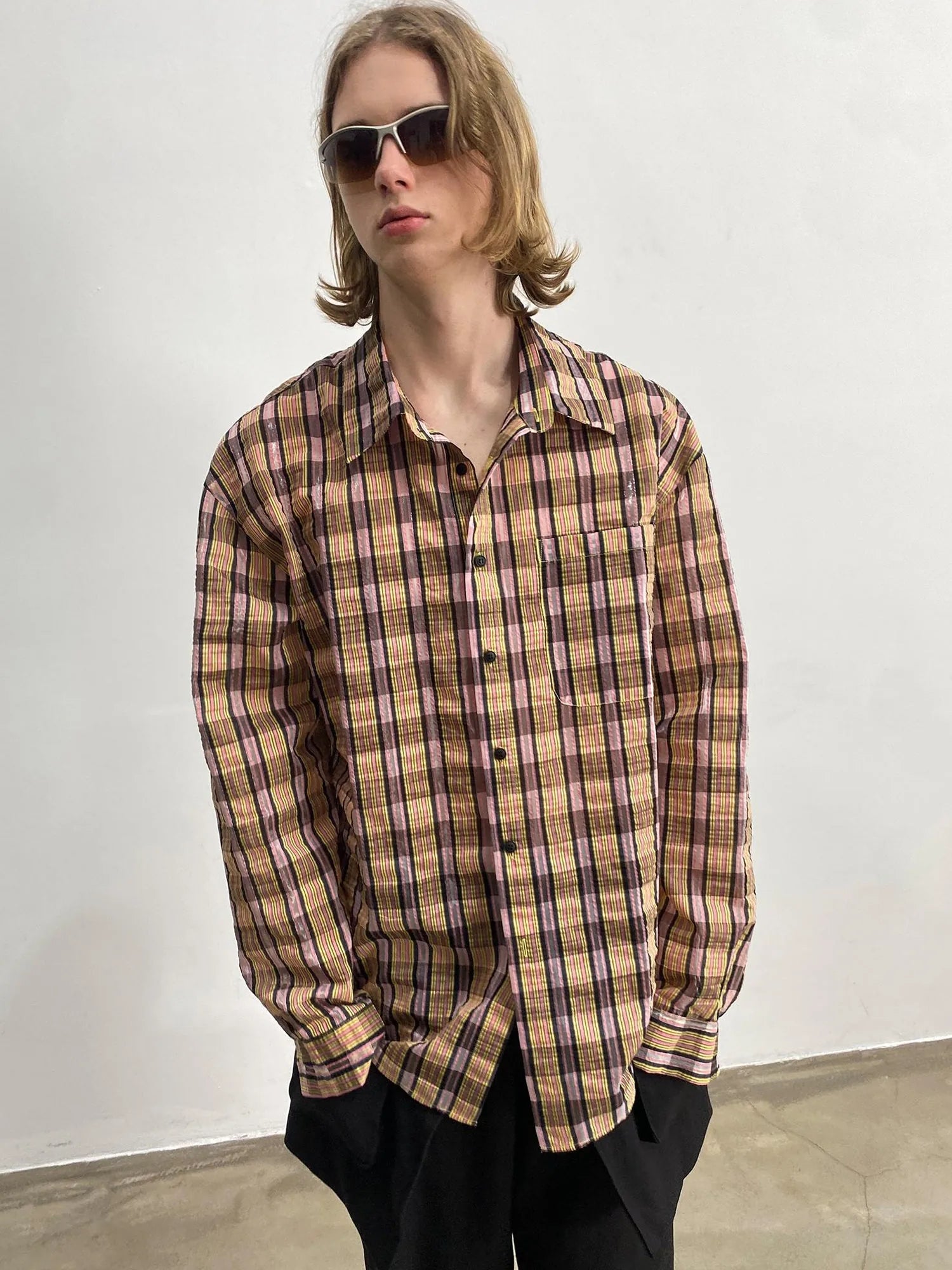 Textured Bubble Yarn Checkered Shirt With Sheen