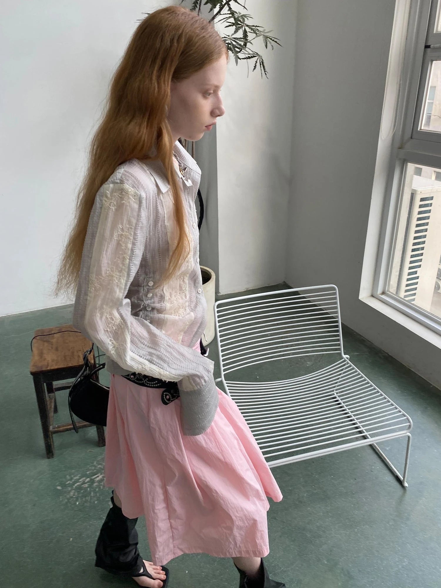 Textured Linen Blend Embroidered Slim Shirt