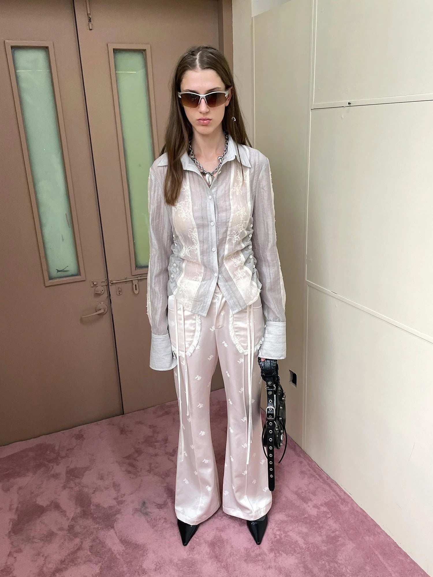 Textured Linen Blend Embroidered Slim Shirt