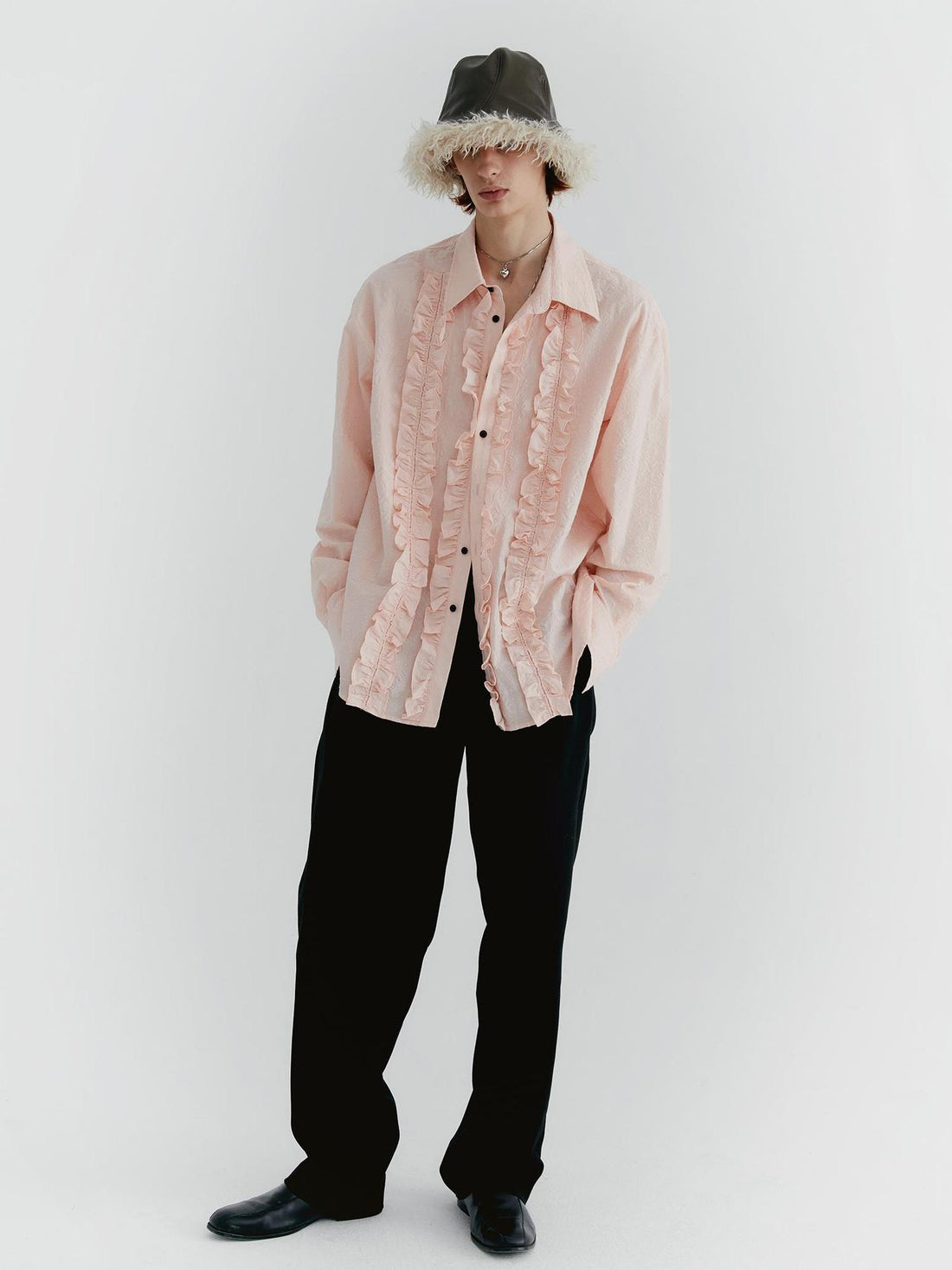 Delivery Textured Ruffle Hem Blouse In Pale Pink