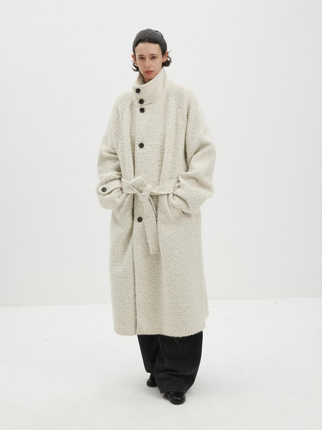 Delivery Textured Wool Alpaca Mohair Stand Collar Raglan Sleeve Women&