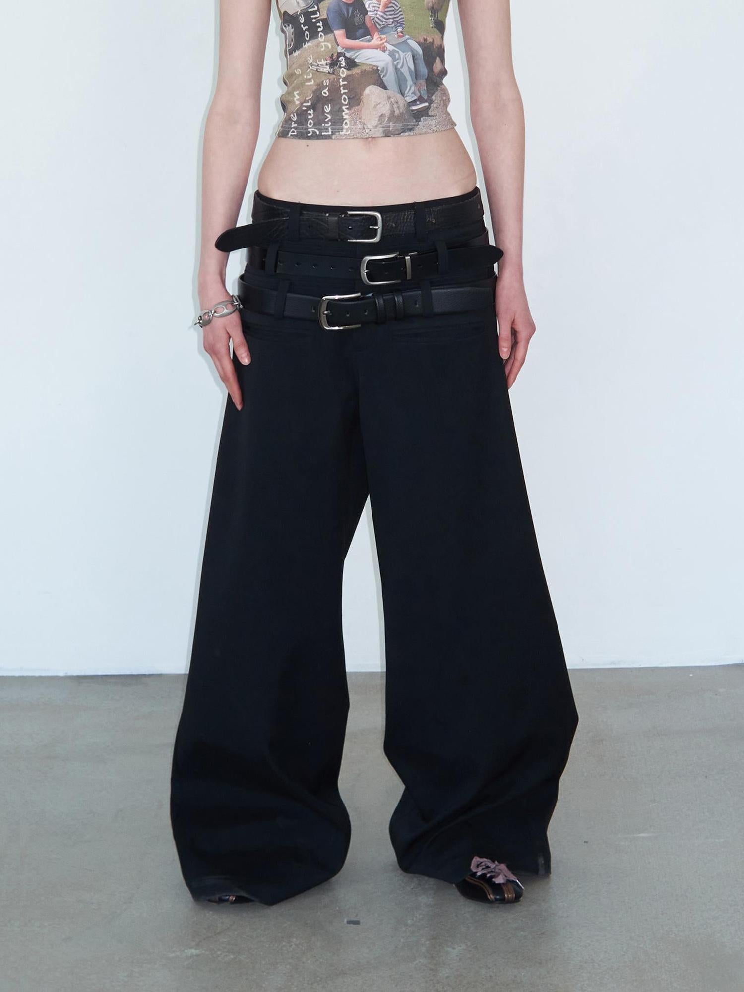 Delivery Triple Waist Seam Black Wide Leg Trousers Relaxed Fit