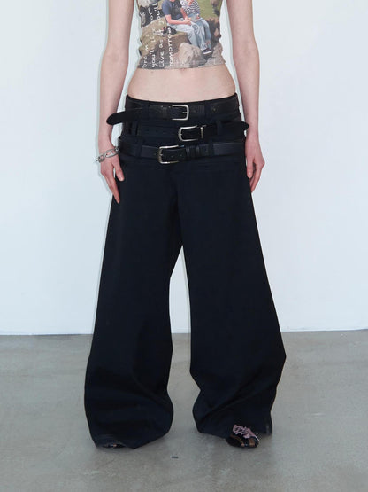 Delivery Triple Waist Seam Black Wide Leg Trousers Relaxed Fit