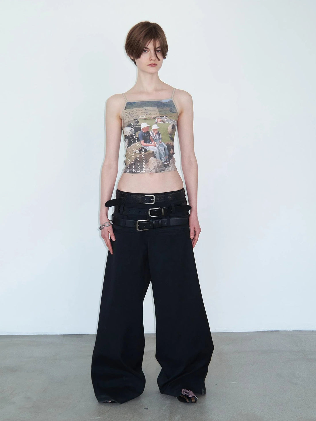 Triple Waist Seam Black Wide Leg Trousers Relaxed Fit
