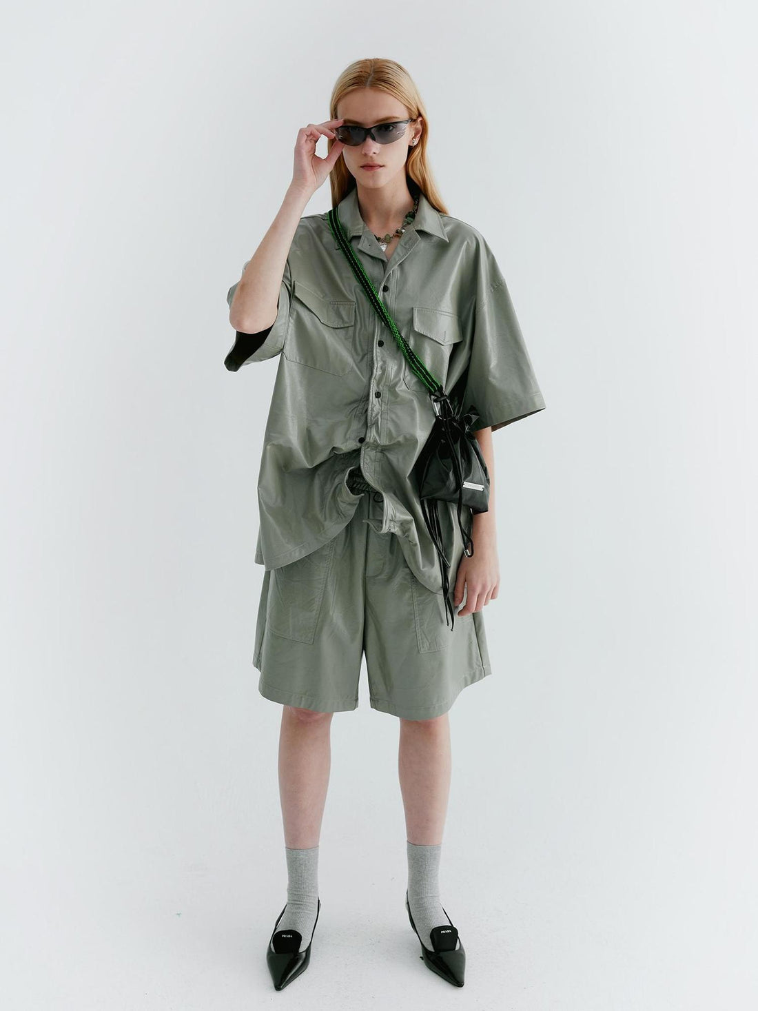 Delivery Twisted Mint Pu Wrinkle V-neck T-shirt Long Sleeve