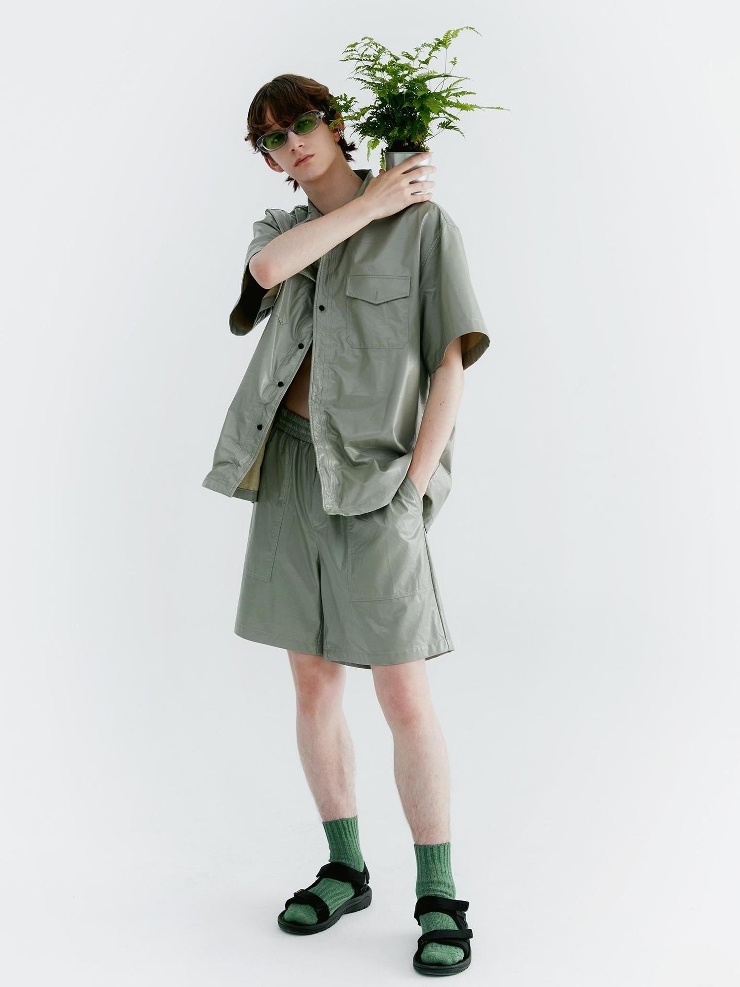 Delivery Twisted Mint Pu Wrinkle V-neck T-shirt Long Sleeve