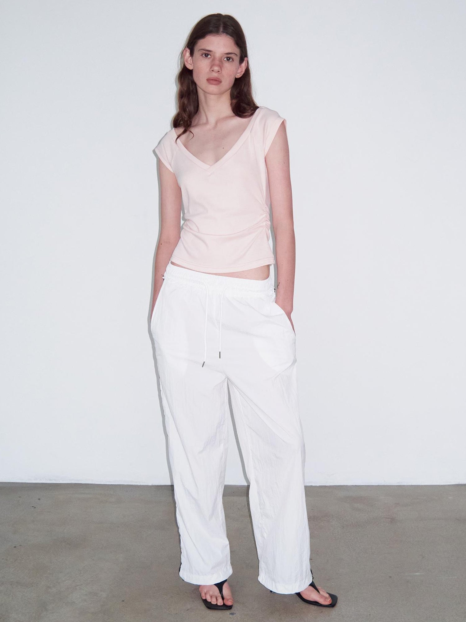 Delivery V-Neck Cropped Tee with Ruffle Sleeves Rhinestone