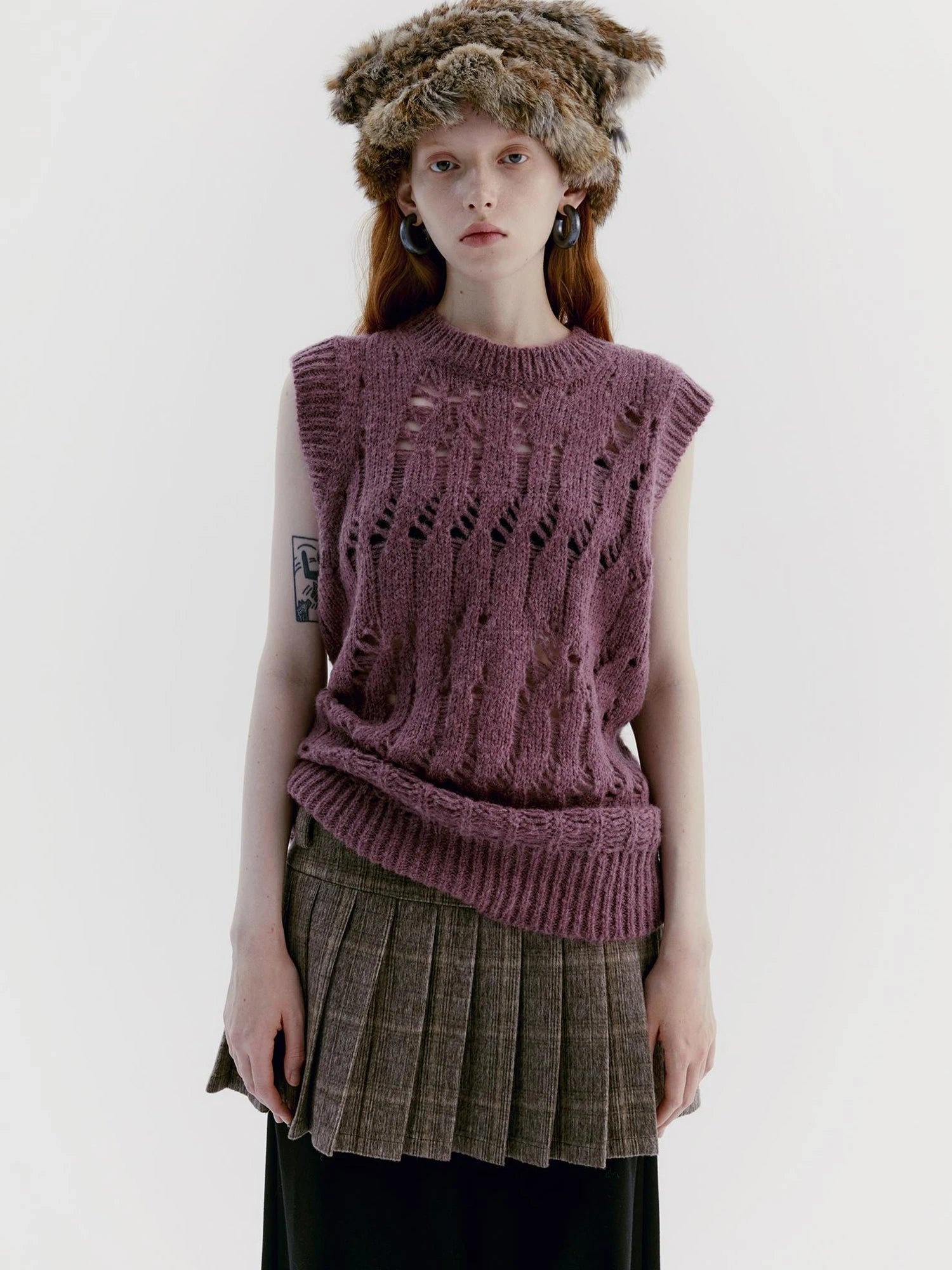 V-Neck Grape Purple Cutout Mohair Wool Vest