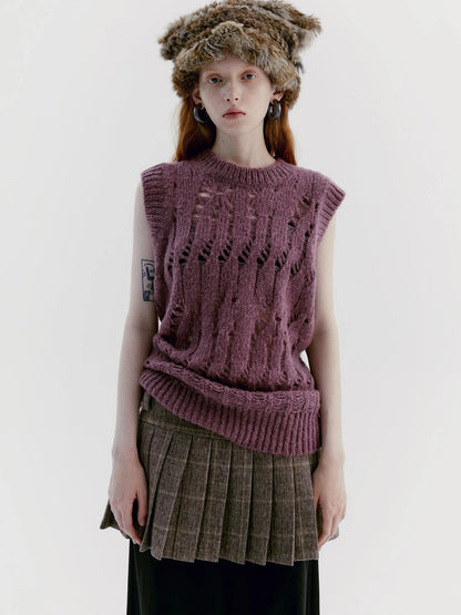 V-Neck Grape Purple Cutout Mohair Wool Vest