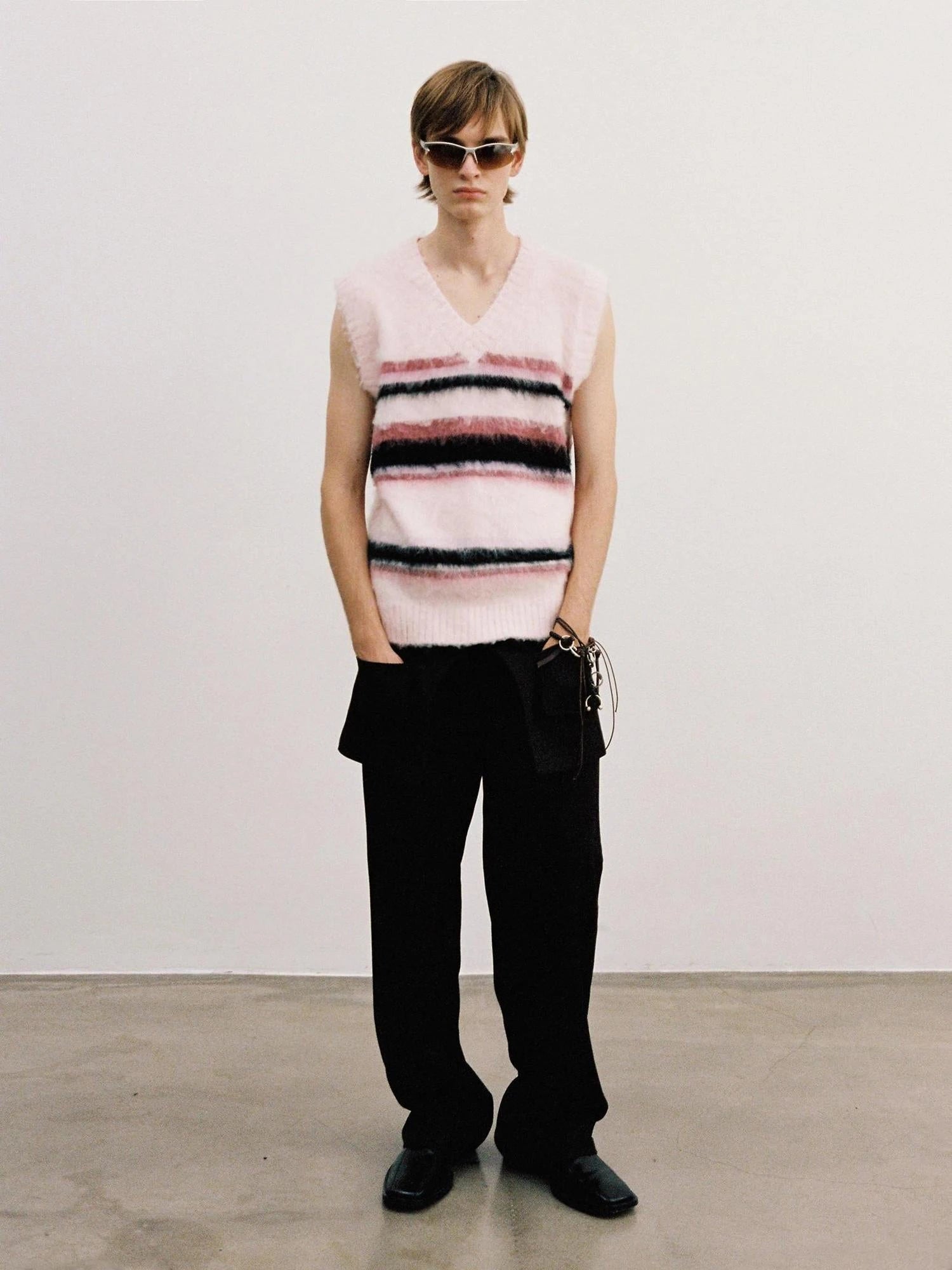 V-neck Cable Knit Wool Vest In Pale Pink Stripes