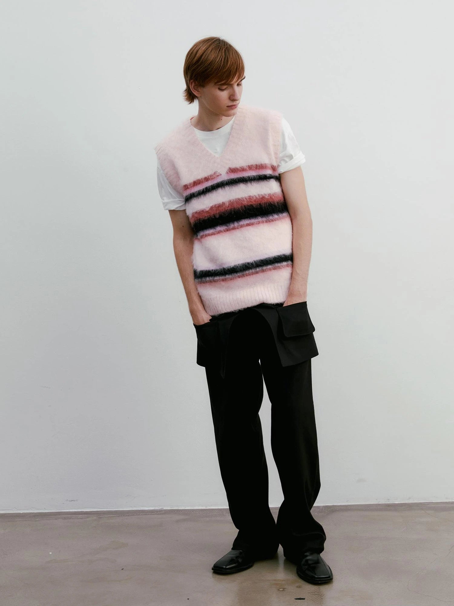 V-neck Cable Knit Wool Vest In Pale Pink Stripes