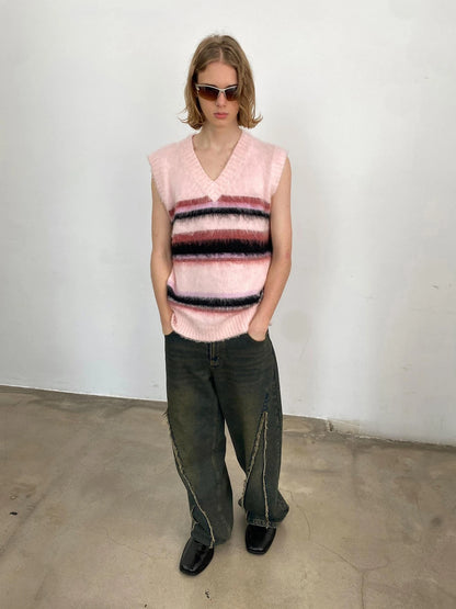 V-neck Cable Knit Wool Vest In Pale Pink Stripes