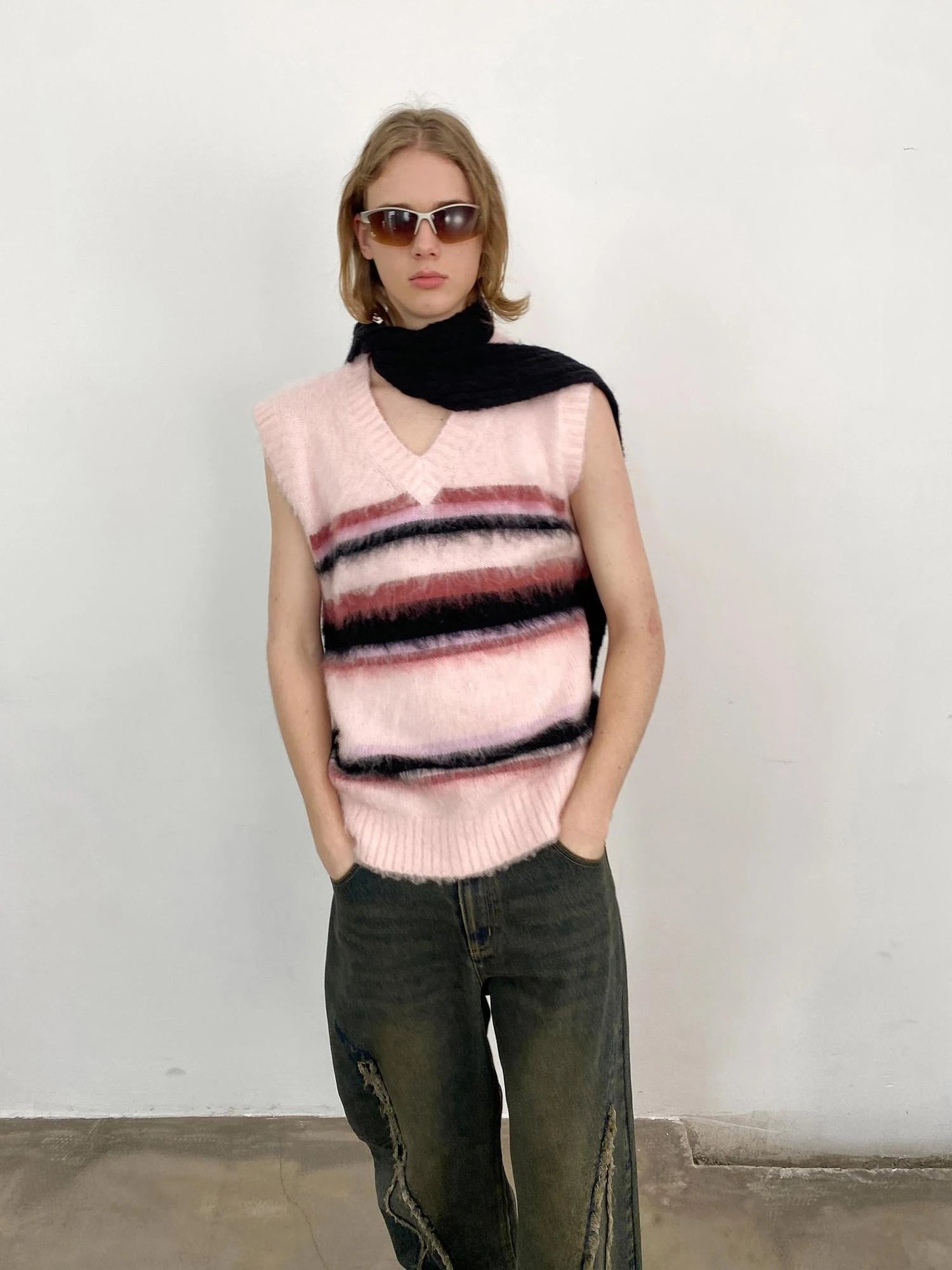 V-neck Cable Knit Wool Vest In Pale Pink Stripes