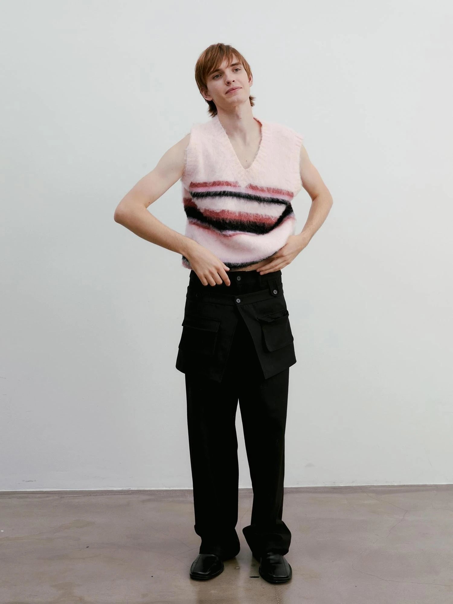 V-neck Cable Knit Wool Vest In Pale Pink Stripes