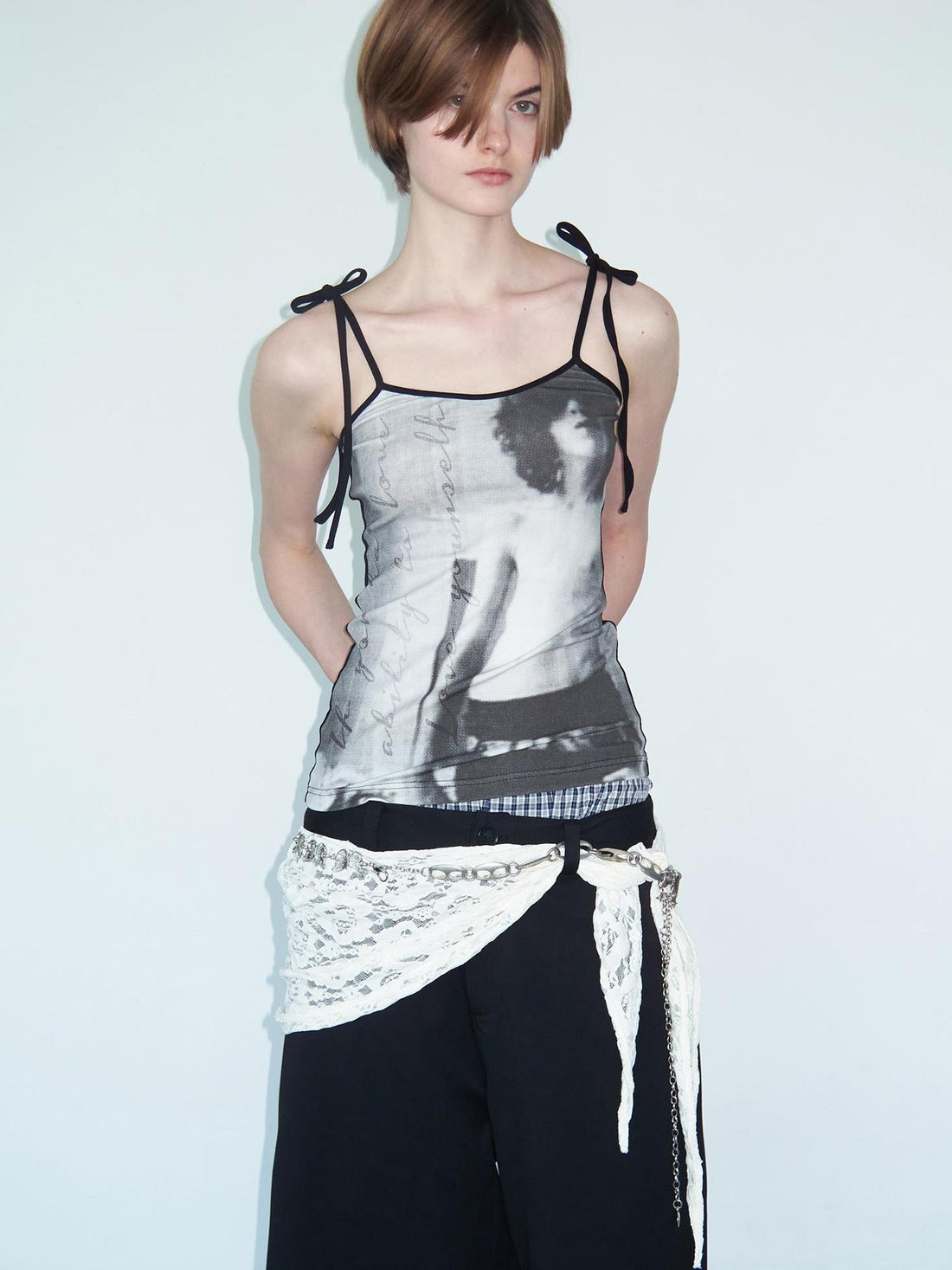 Delivery Vintage Black &amp; White Portrait Print Tie Back Camisole
