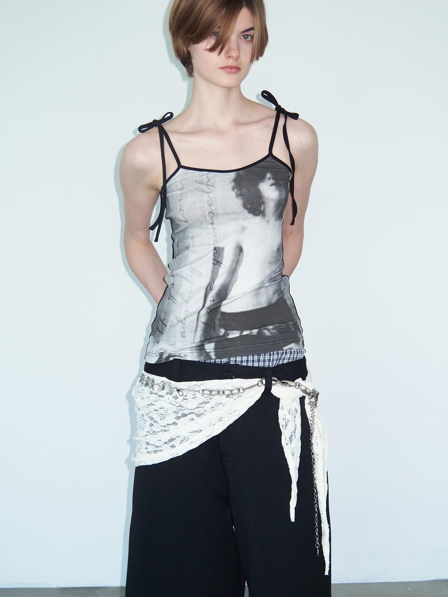 Delivery Vintage Black &amp; White Portrait Print Tie Back Camisole