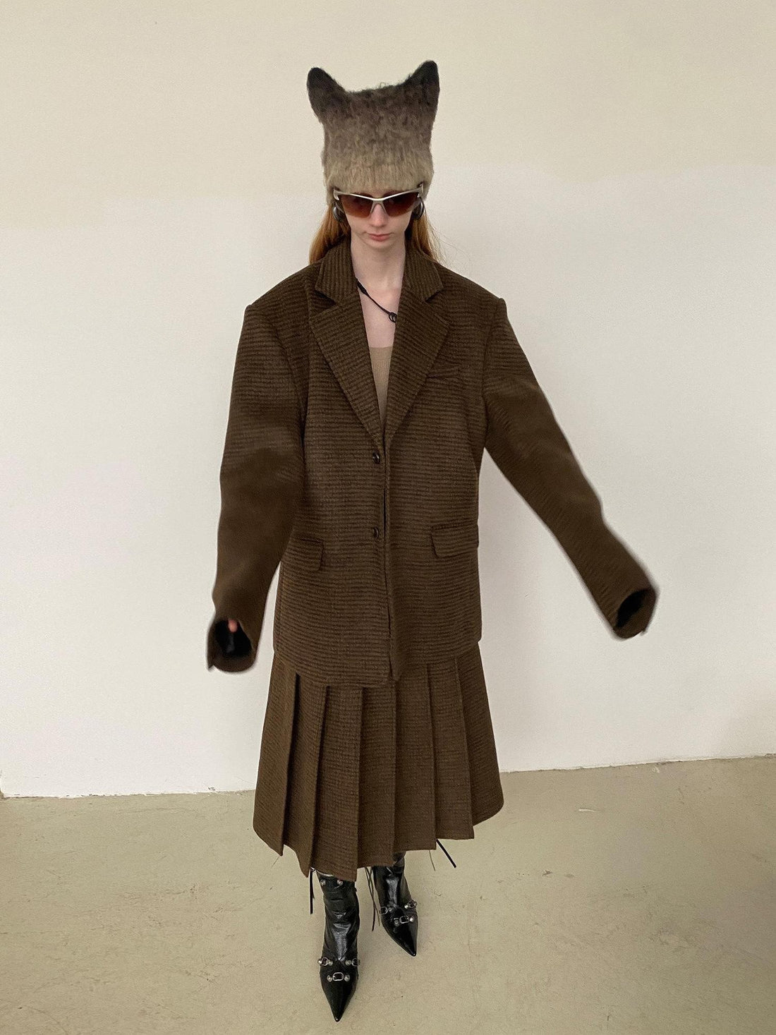 Delivery Vintage Brown Fine Check Pleated Women&
