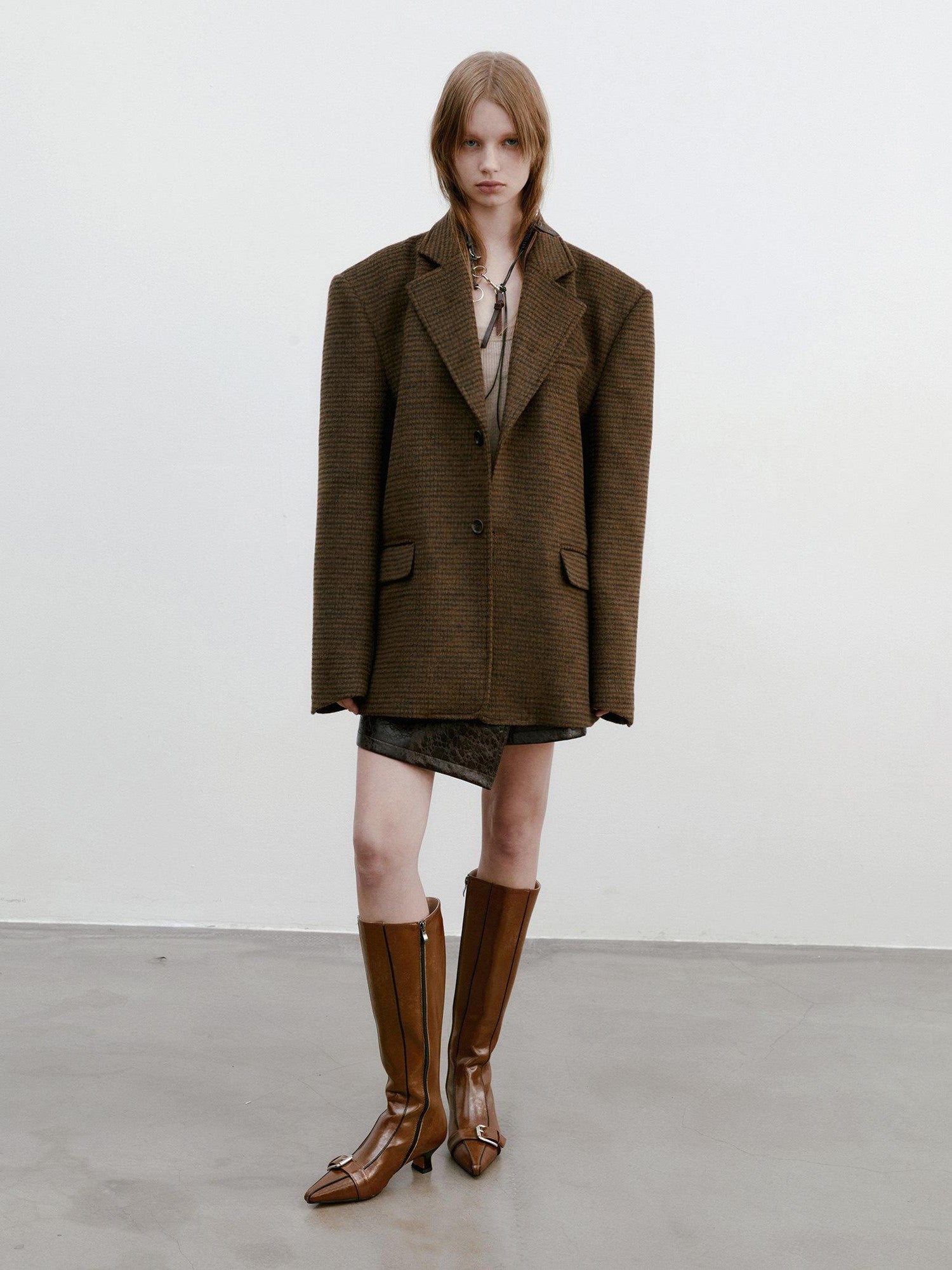 Delivery Vintage Brown Fine Check Pleated Women&