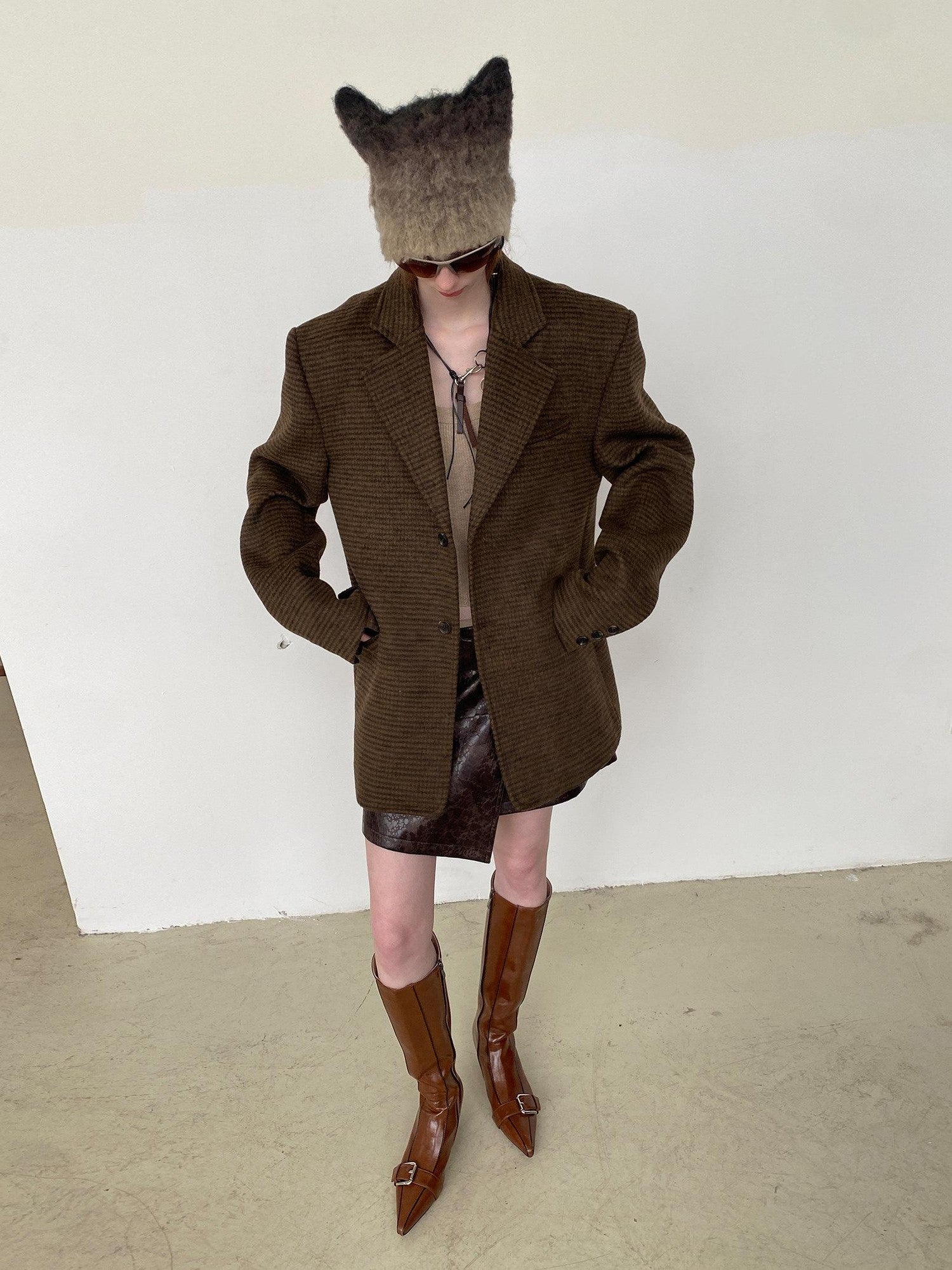 Delivery Vintage Brown Fine Check Pleated Women&