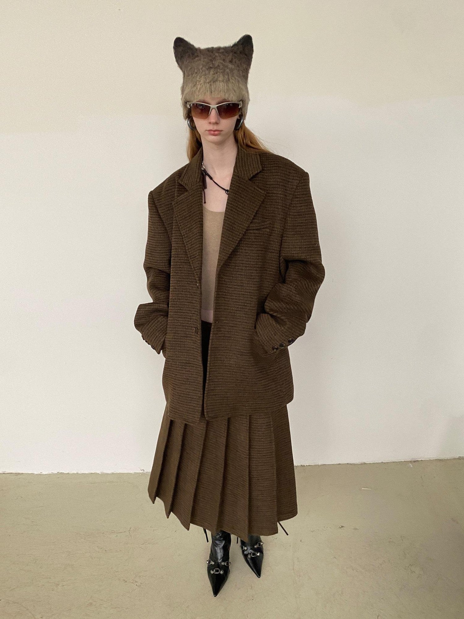 Delivery Vintage Brown Fine Check Pleated Women&