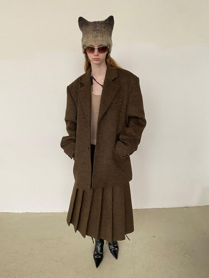 Delivery Vintage Brown Fine Check Pleated Women&