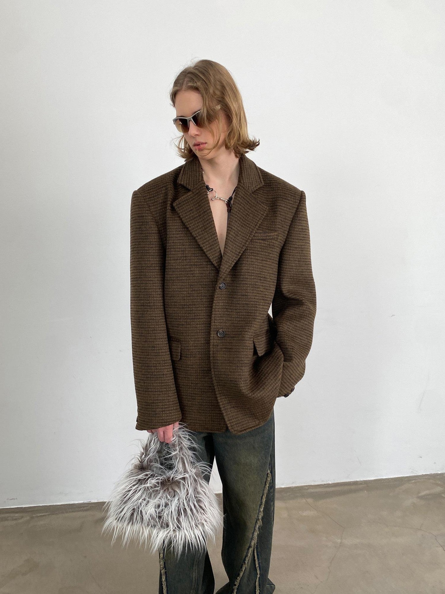 Delivery Vintage Brown Fine Check Pleated Women&