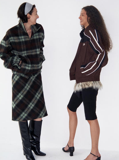 Delivery Vintage Brown Green Plaid Zip Jacket Straight Skirt Women&