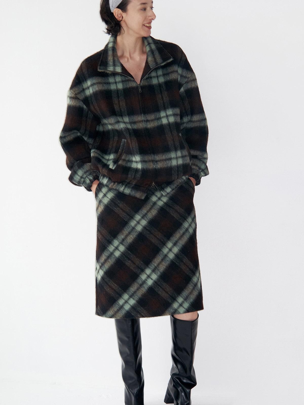 Delivery Vintage Brown Green Plaid Zip Jacket Straight Skirt Women&