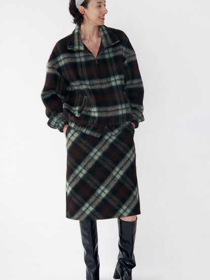 Delivery Vintage Brown Green Plaid Zip Jacket Straight Skirt Women&