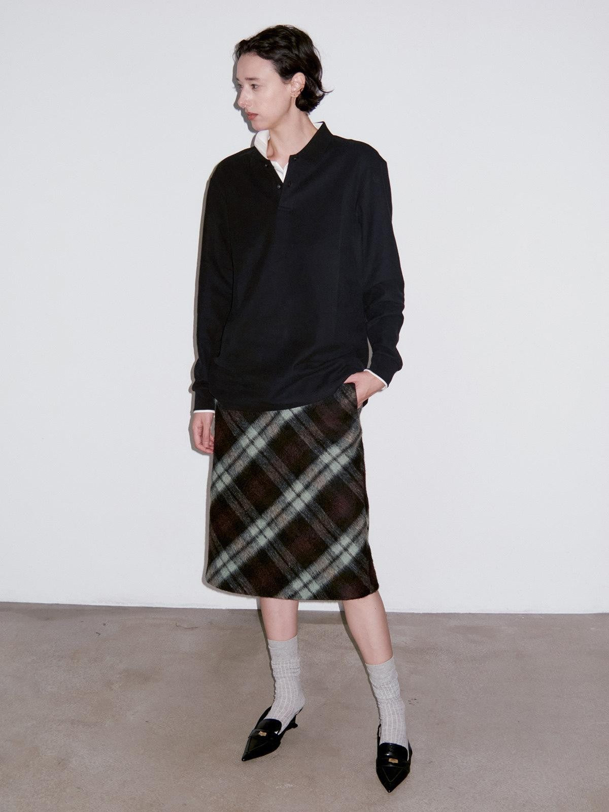 Delivery Vintage Brown Green Plaid Zip Jacket Straight Skirt Women&