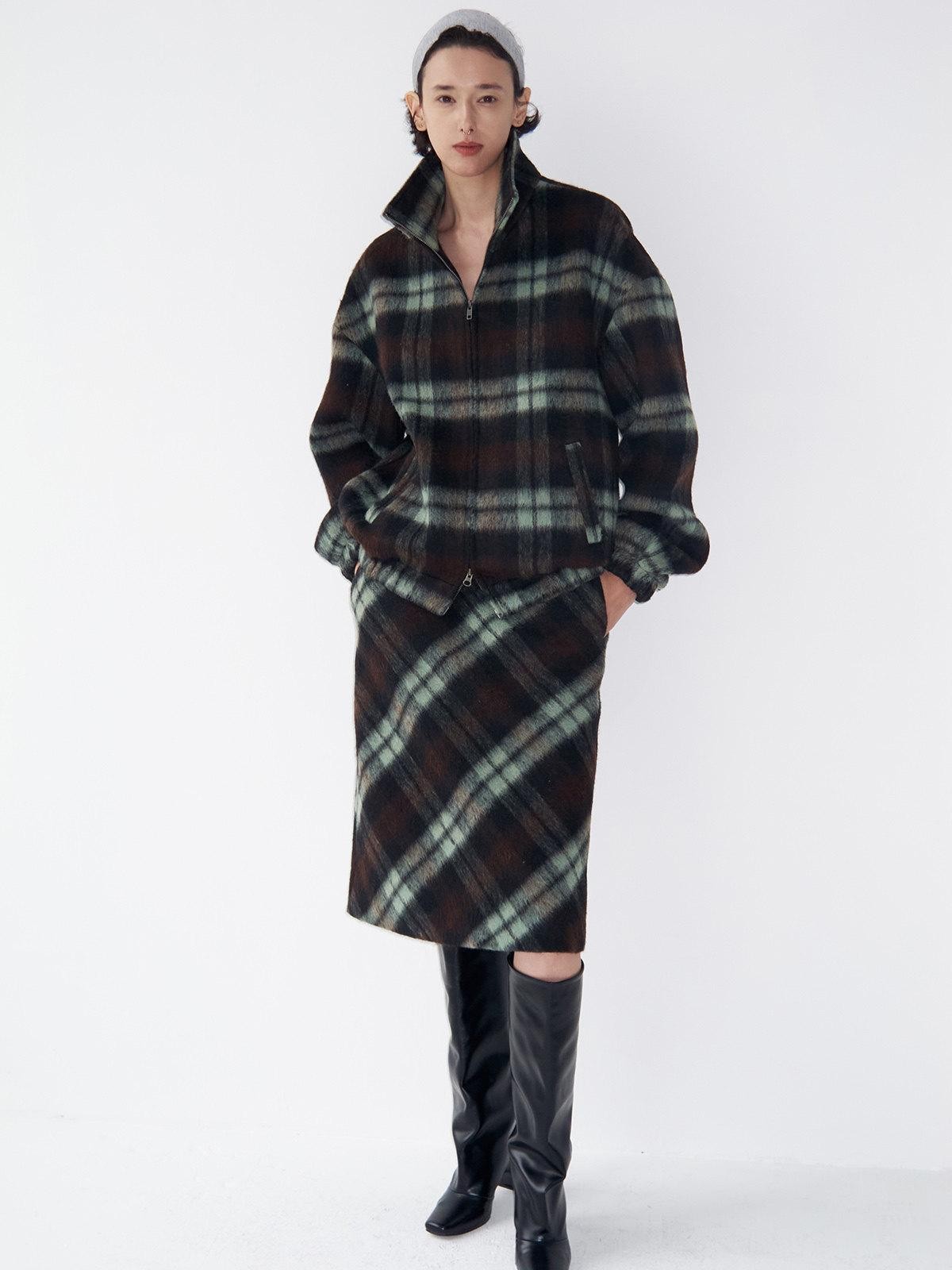 Delivery Vintage Brown Green Plaid Zip Jacket Straight Skirt Women&