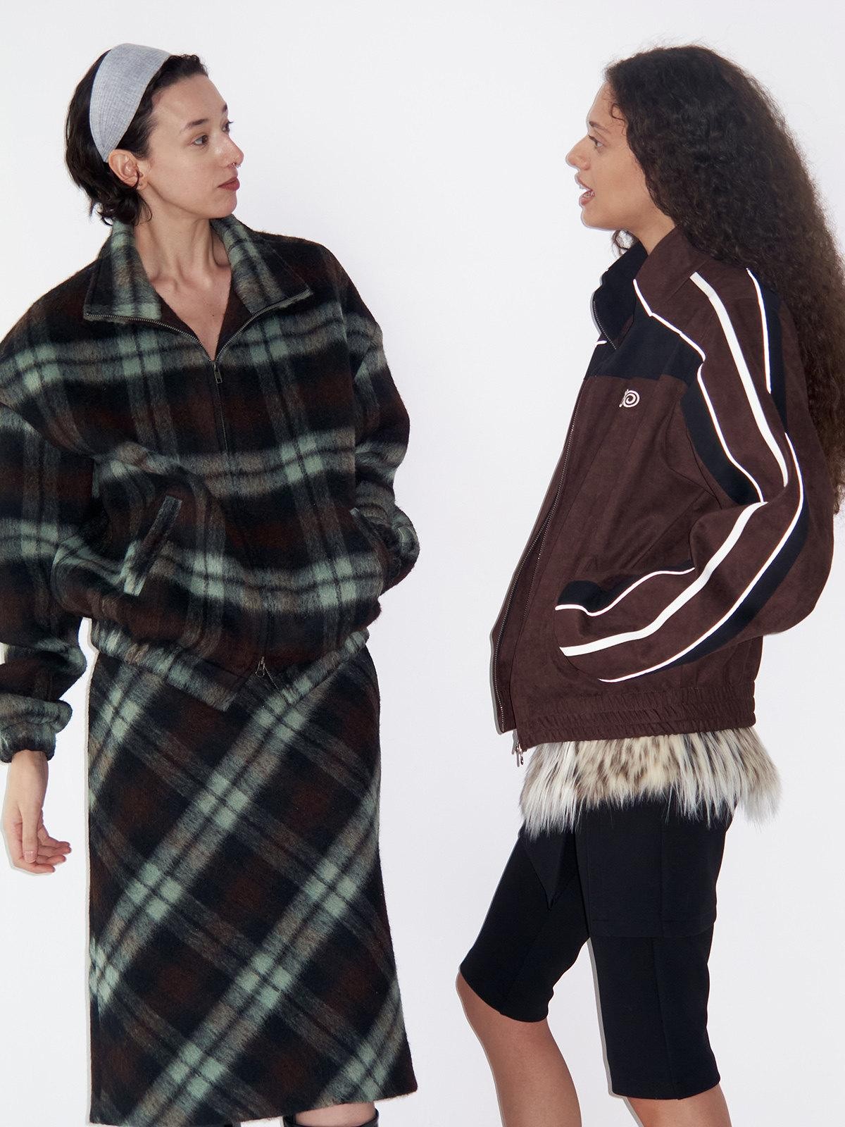 Delivery Vintage Brown Green Plaid Zip Jacket Straight Skirt Women&