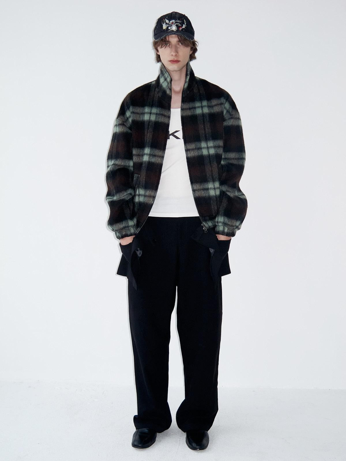 Delivery Vintage Brown Green Plaid Zip Jacket Straight Skirt Women&