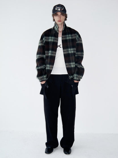 Delivery Vintage Brown Green Plaid Zip Jacket Straight Skirt Women&