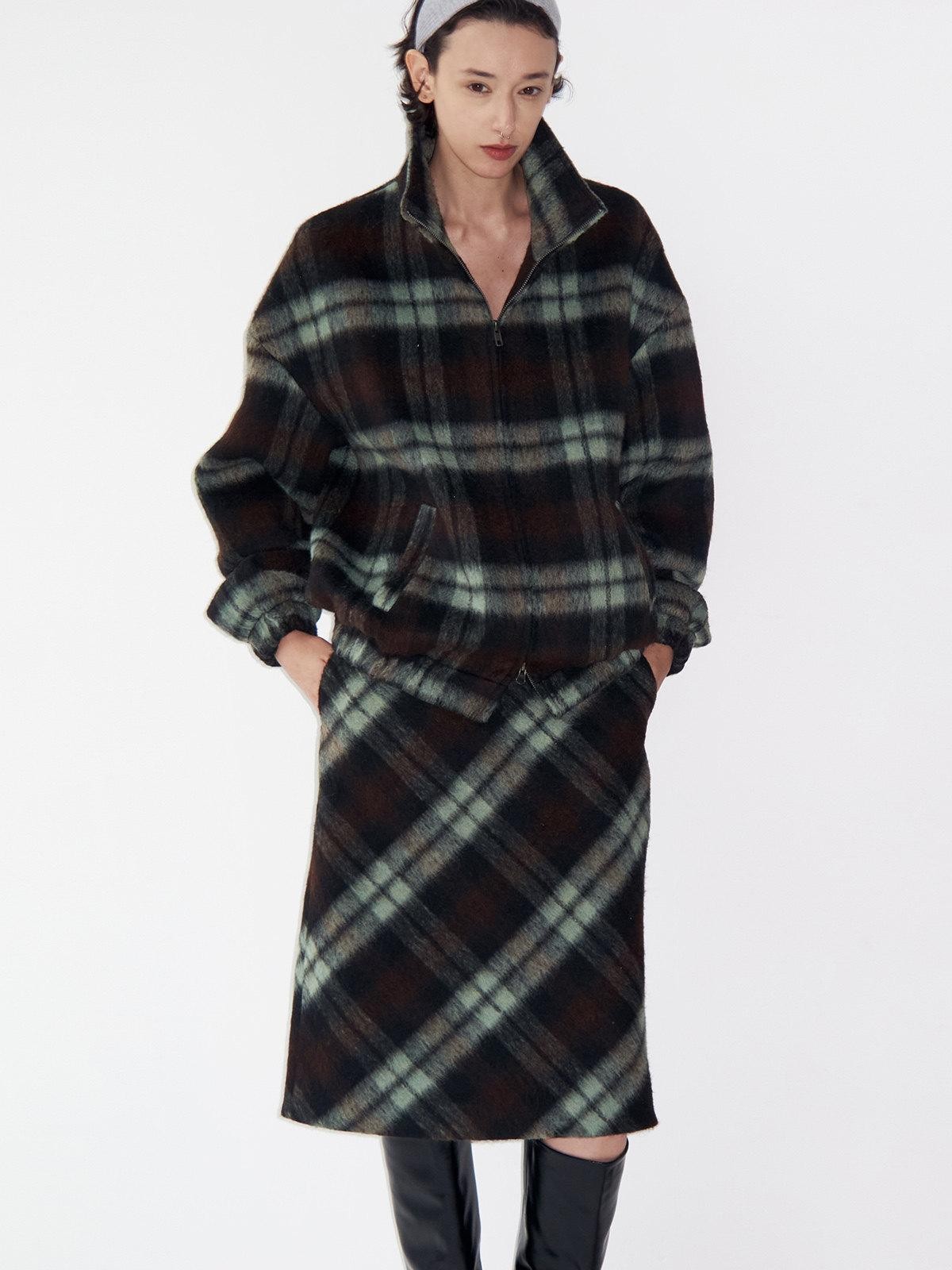 Delivery Vintage Brown Green Plaid Zip Jacket Straight Skirt Women&