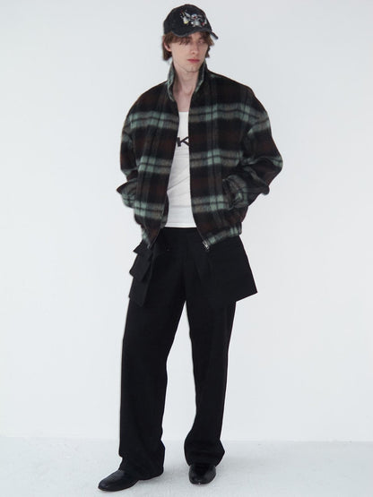 Delivery Vintage Brown Green Plaid Zip Jacket Straight Skirt Women&