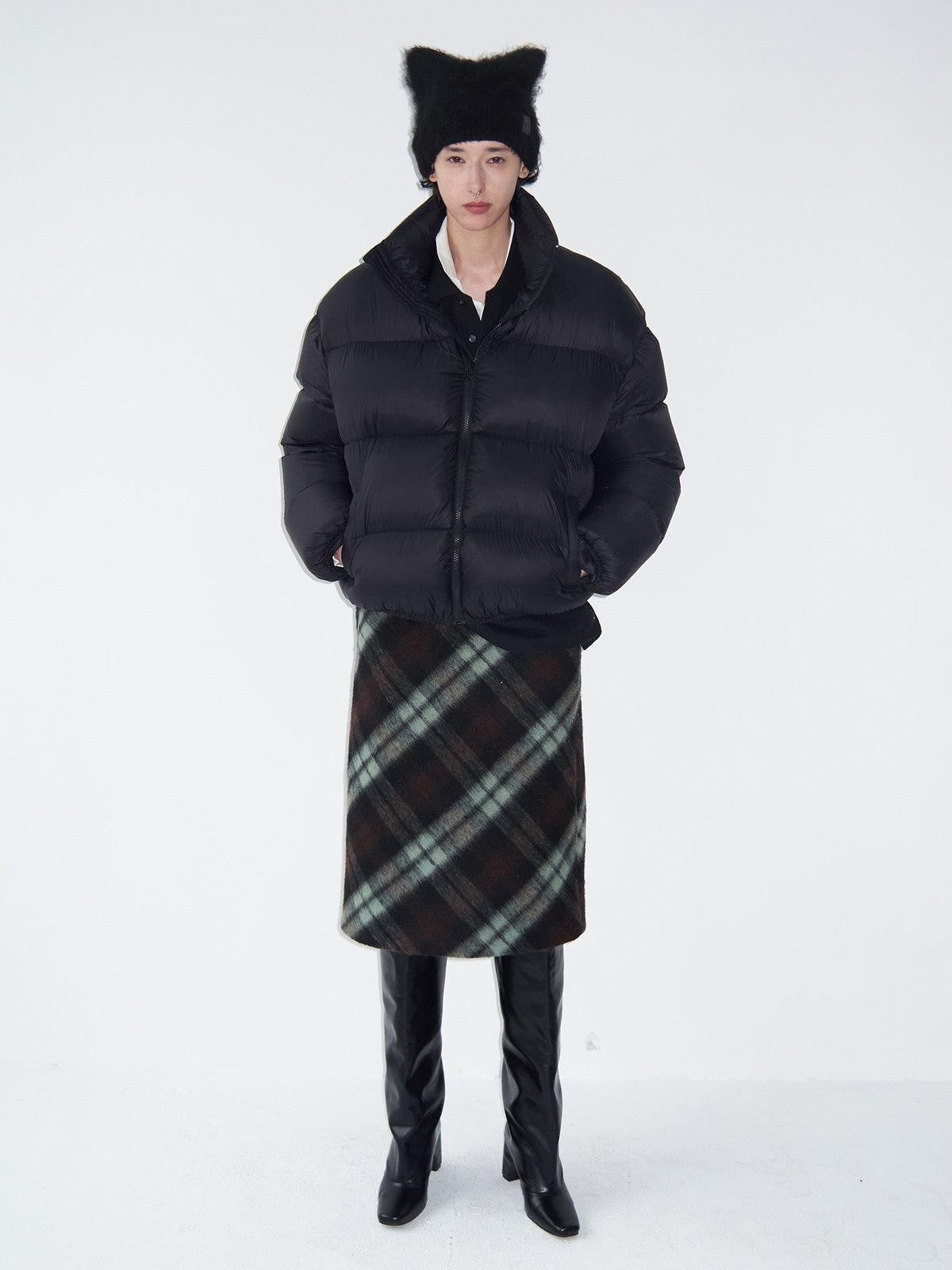 Delivery Vintage Brown Green Plaid Zip Jacket Straight Skirt Women&