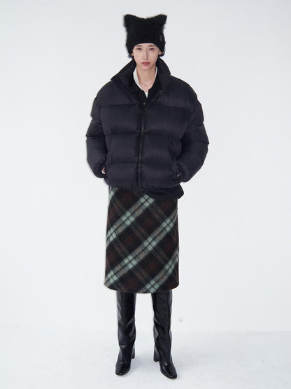 Delivery Vintage Brown Green Plaid Zip Jacket Straight Skirt Women&