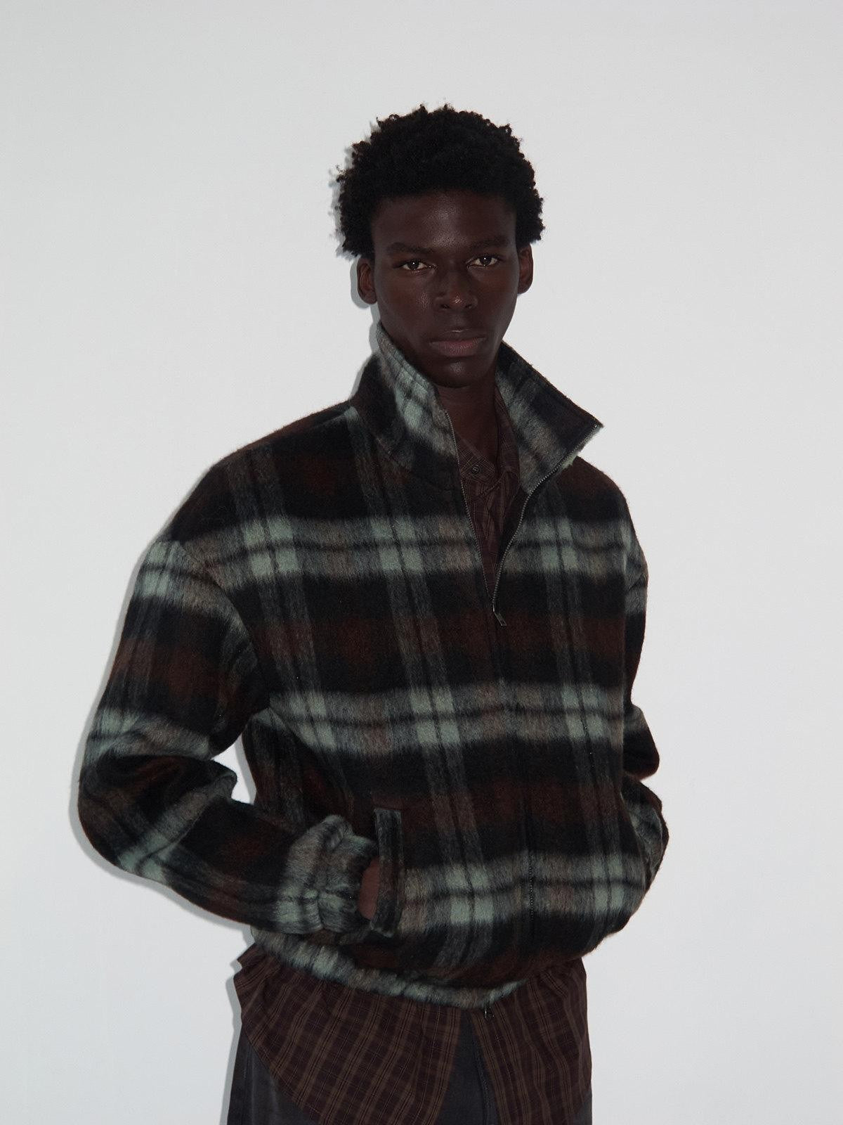 Delivery Vintage Brown Green Plaid Zip Jacket Straight Skirt Women&