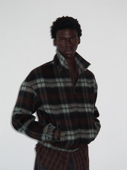 Delivery Vintage Brown Green Plaid Zip Jacket Straight Skirt Women&