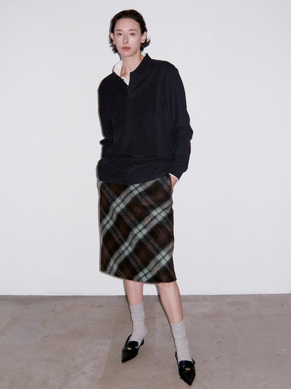 Delivery Vintage Brown Green Plaid Zip Jacket Straight Skirt Women&