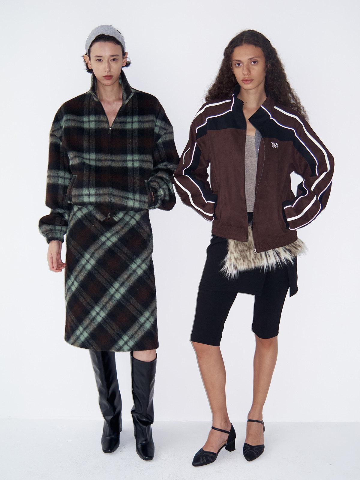 Delivery Vintage Brown Green Plaid Zip Jacket Straight Skirt Women&