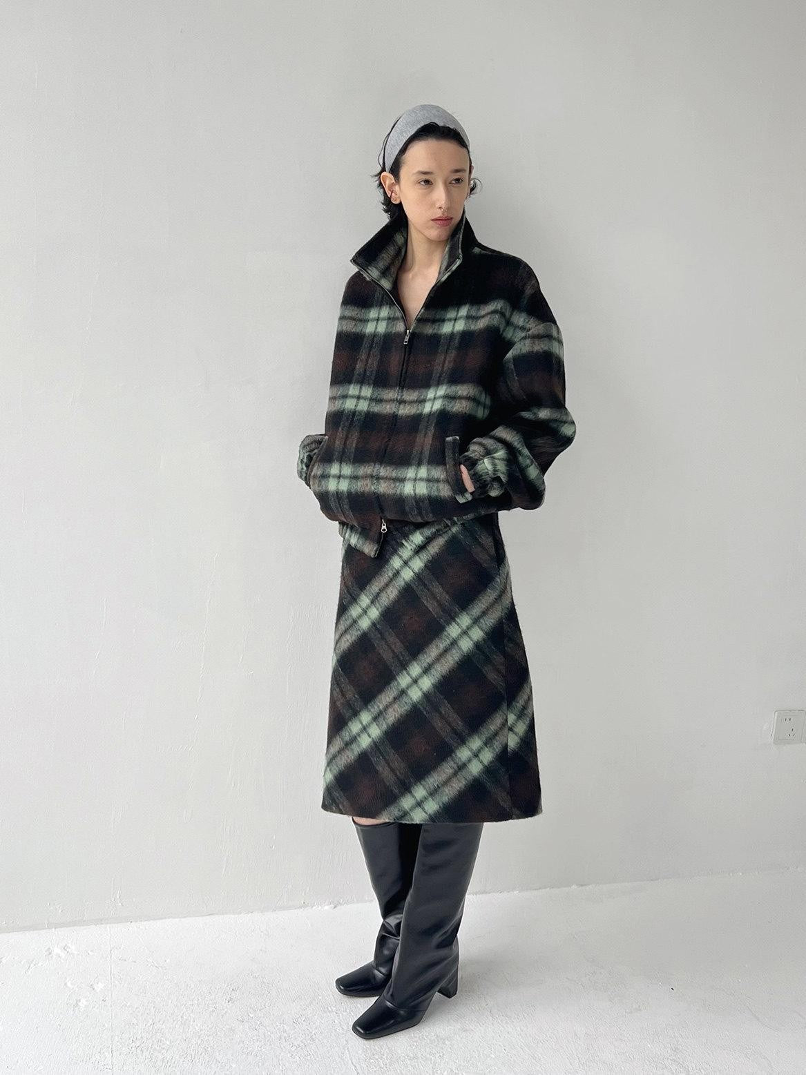 Delivery Vintage Brown Green Plaid Zip Jacket Straight Skirt Women&
