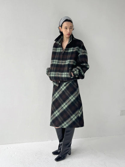 Delivery Vintage Brown Green Plaid Zip Jacket Straight Skirt Women&