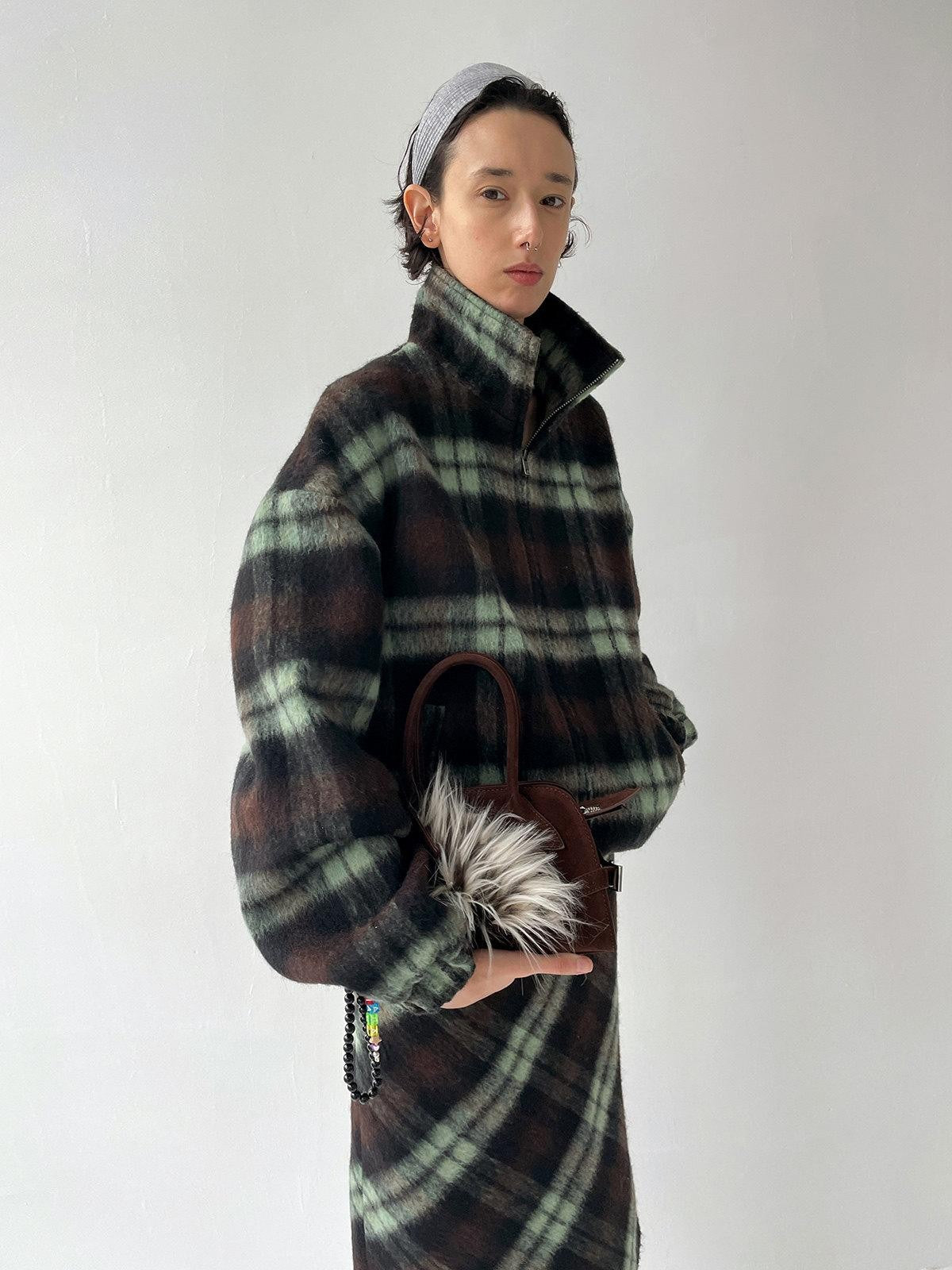 Delivery Vintage Brown Green Plaid Zip Jacket Straight Skirt Women&
