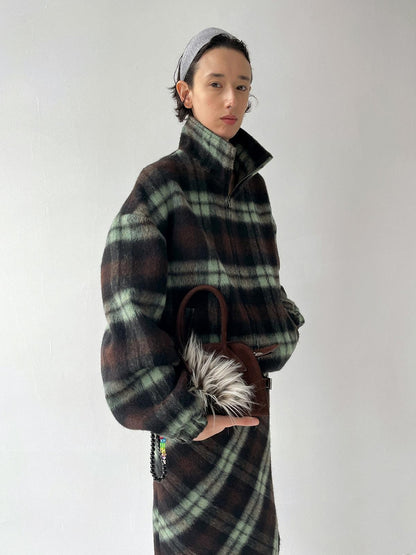 Delivery Vintage Brown Green Plaid Zip Jacket Straight Skirt Women&