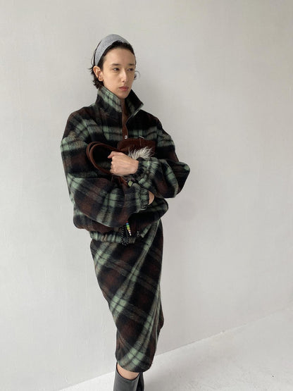 Delivery Vintage Brown Green Plaid Zip Jacket Straight Skirt Women&