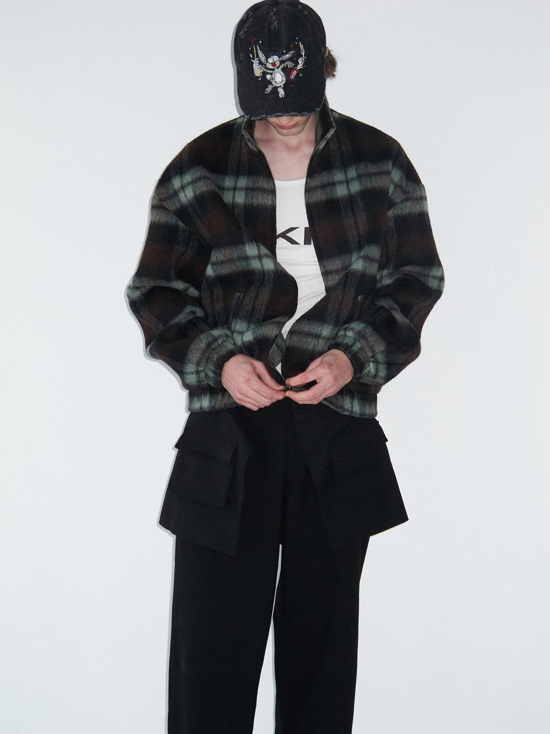 Delivery Vintage Brown Green Plaid Zip Jacket Straight Skirt Women&