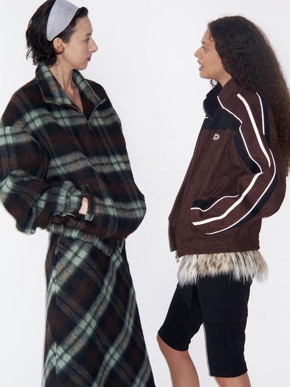Delivery Vintage Brown Green Plaid Zip Jacket Straight Skirt Women&