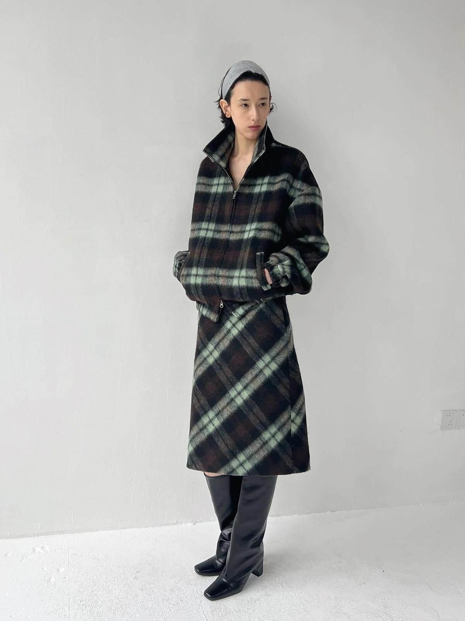 Delivery Vintage Brown Green Plaid Zip Jacket Straight Skirt Women&